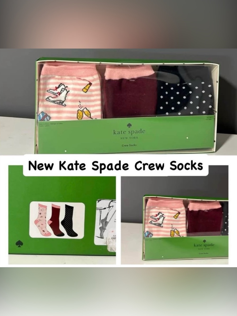 New kate spade 3-Pack Crew Socks in Pink, Burgundy & Black